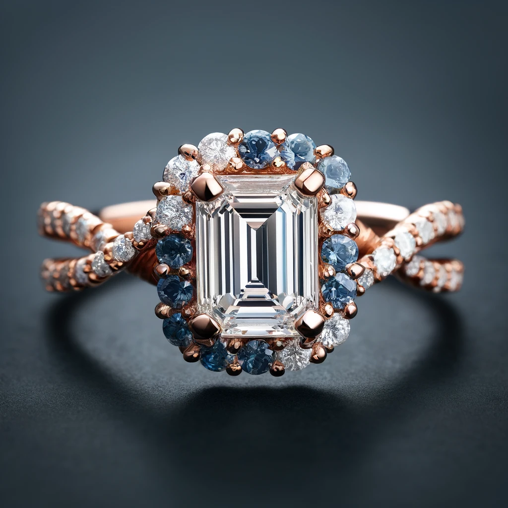 unique woman's engagement ring floating emerald cut diamond