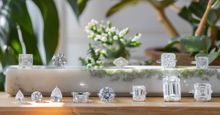 A display of various diamond engagement rings and loose diamonds in different cuts, including round, emerald, pear, princess, radiant, and marquise, arranged on a stone slab and wooden surface with green plants and white flowers in the background.